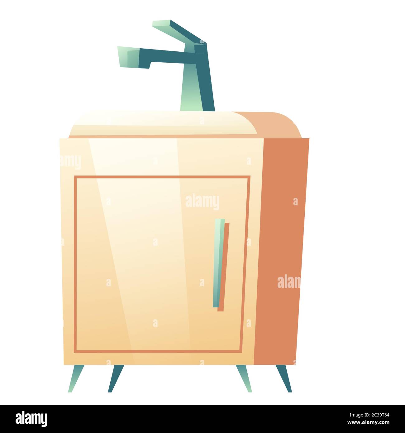 Évier vectoriel avec armoire et robinet. Illustration représentant un lavabo sur un meuble de rangement. Mobilier de salle de bains ou de cuisine, lavabo en céramique avec robinet isolé Illustration de Vecteur