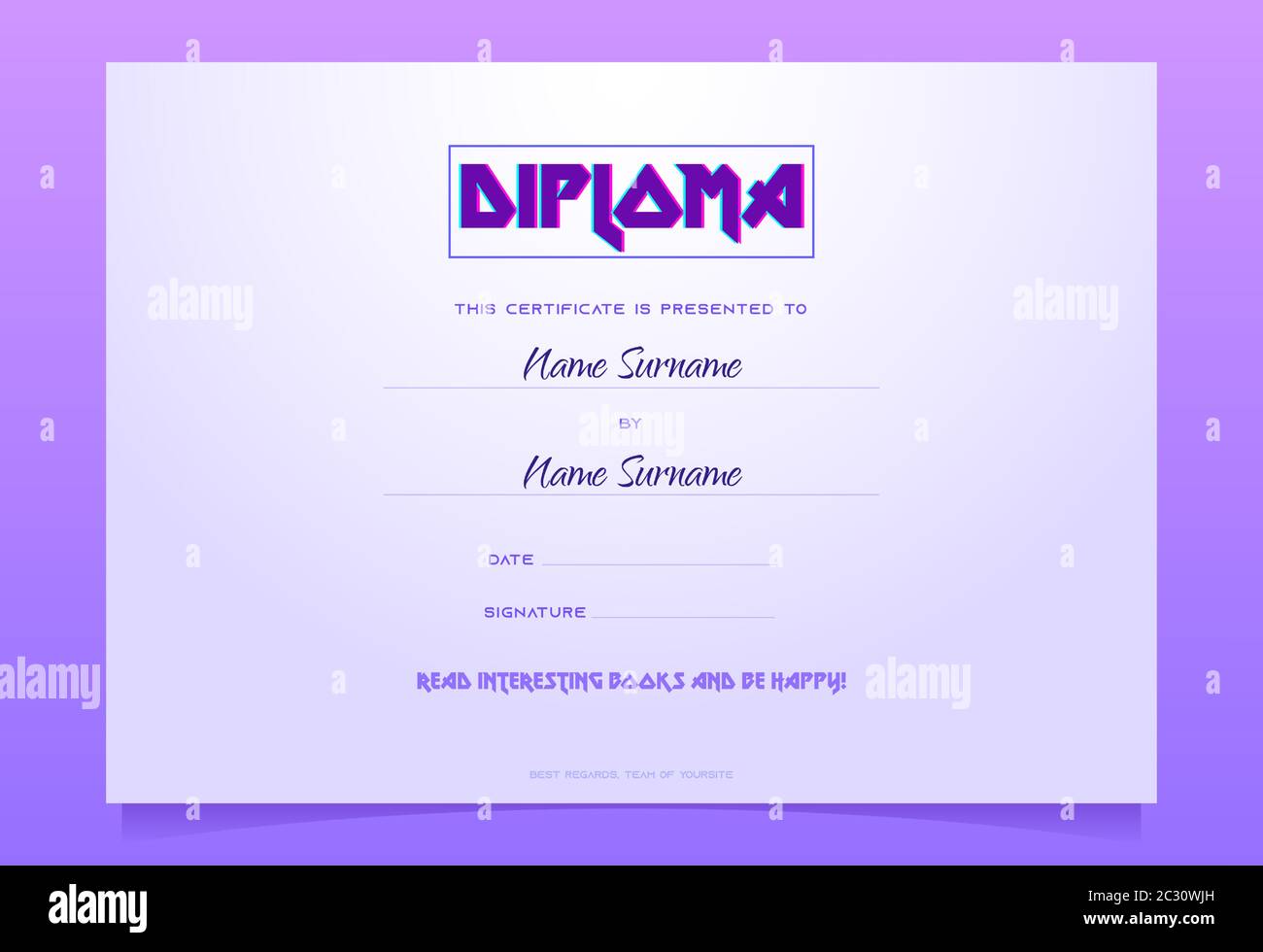 Modèle de diplôme pour enfants, certificat-cadeau de livre, décoration de bordure de remise des diplômes d'école maternelle ou maternelle avec typographie colorée sur fond blanc et violet Illustration de Vecteur