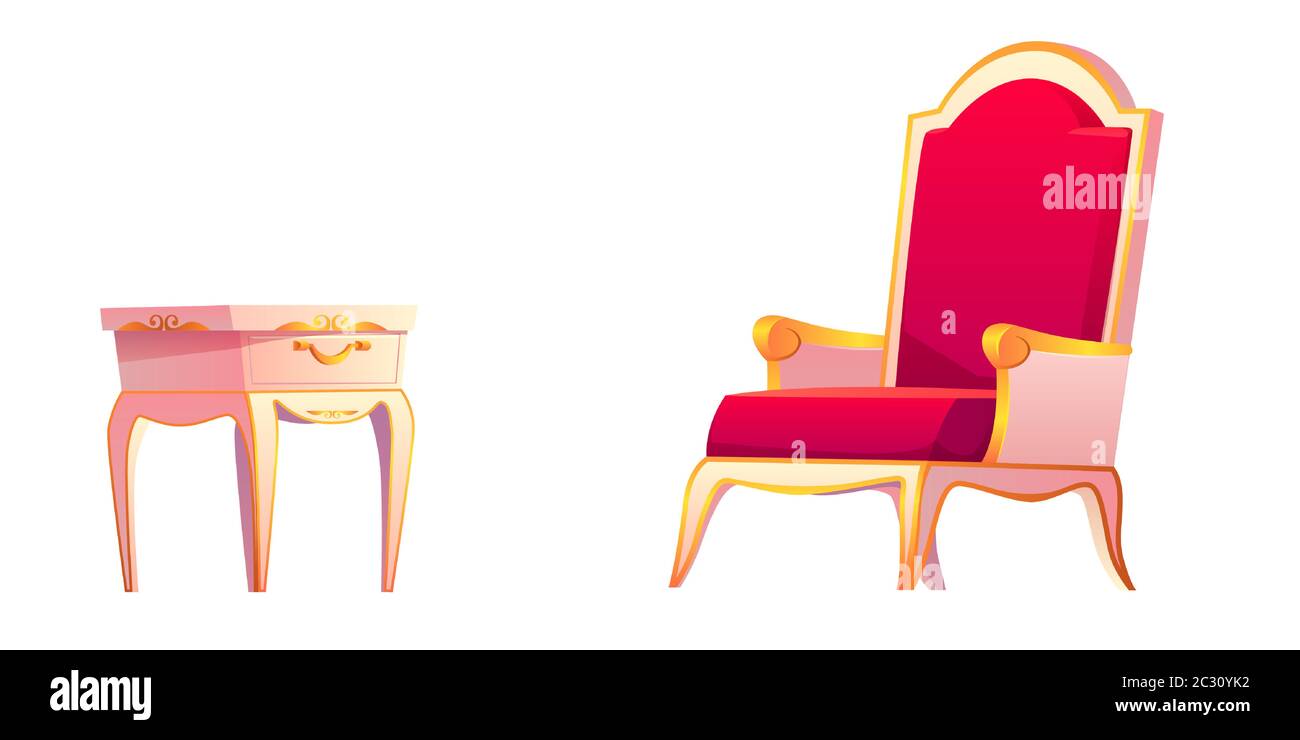Chaise Royale et table de chevet pour un intérieur luxueux. Ensemble de dessins animés vectoriels de mobilier vintage, table de nuit avec tiroir et fauteuil doré avec r Illustration de Vecteur