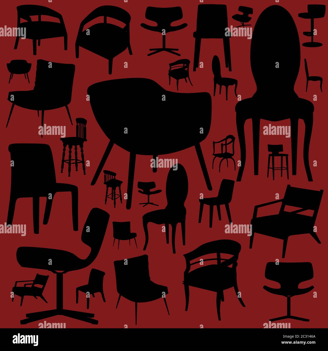 Silhouette noire collections de chaises sous différents angles sur un fond rouge. Le rendu 3D Banque D'Images