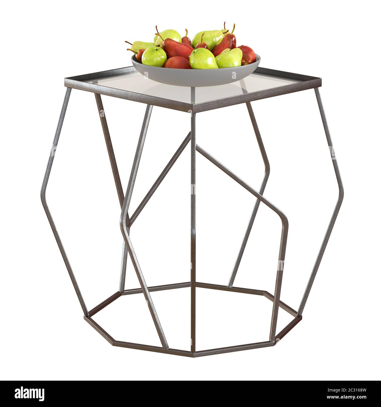 Table basse brune avec un comptoir transparent et un vase avec des poires sur fond blanc. rendu 3d Banque D'Images