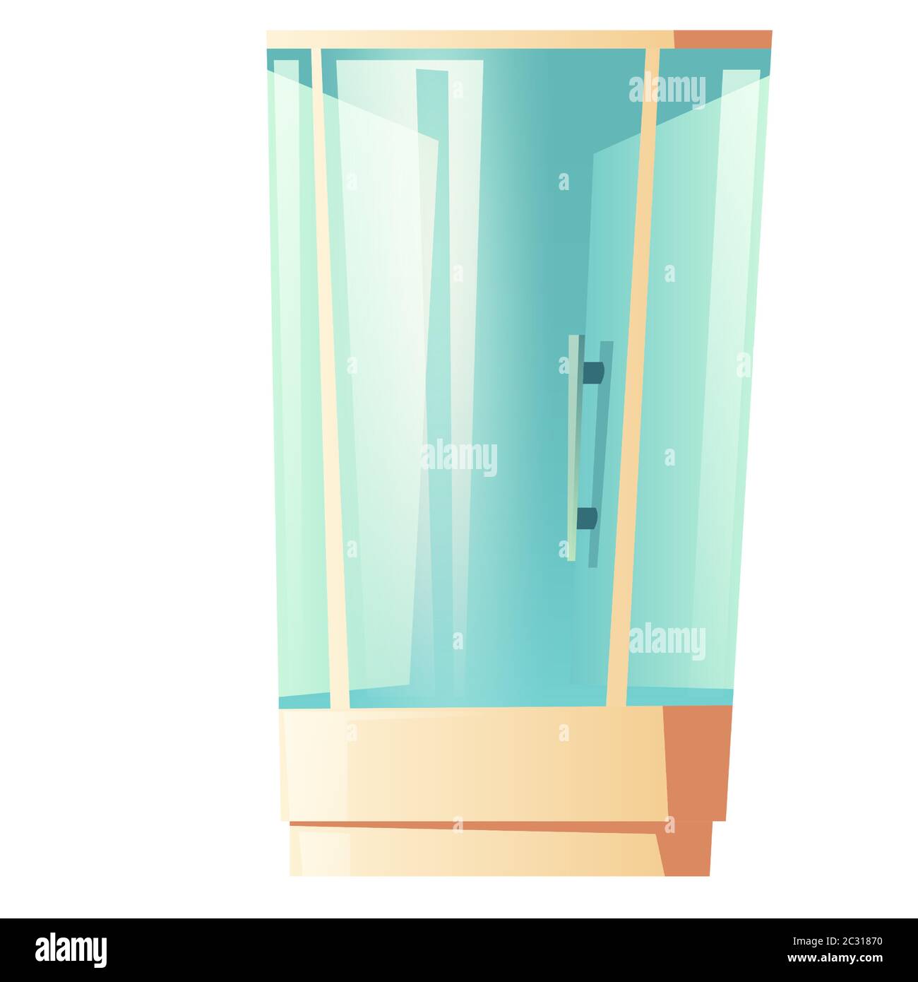 Cabine de douche avec porte en verre isolée sur fond blanc. Illustration vectorielle d'une armoire de bain moderne avec poignée. Équipement de salle de bains inter Illustration de Vecteur