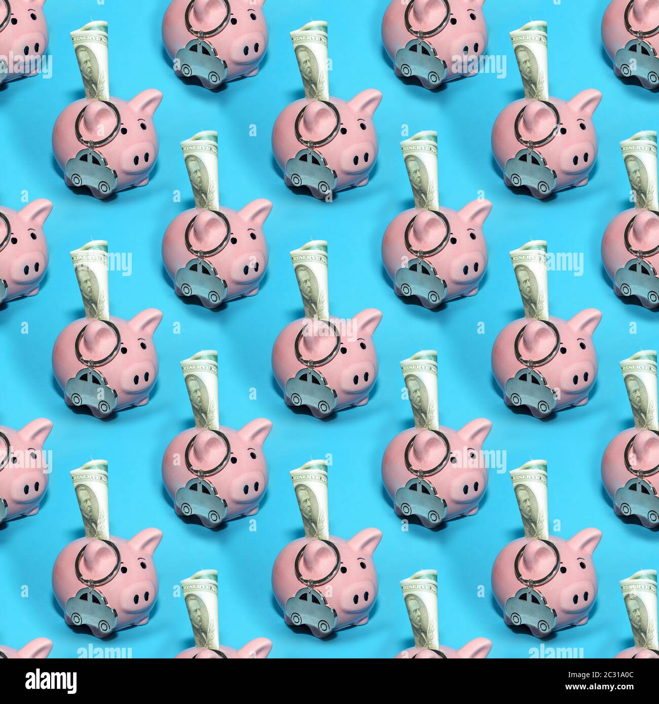 Un arrière-plan commercial abstrait sans couture avec des banques de cochon d'argent roses sur un fond bleu. Banque D'Images