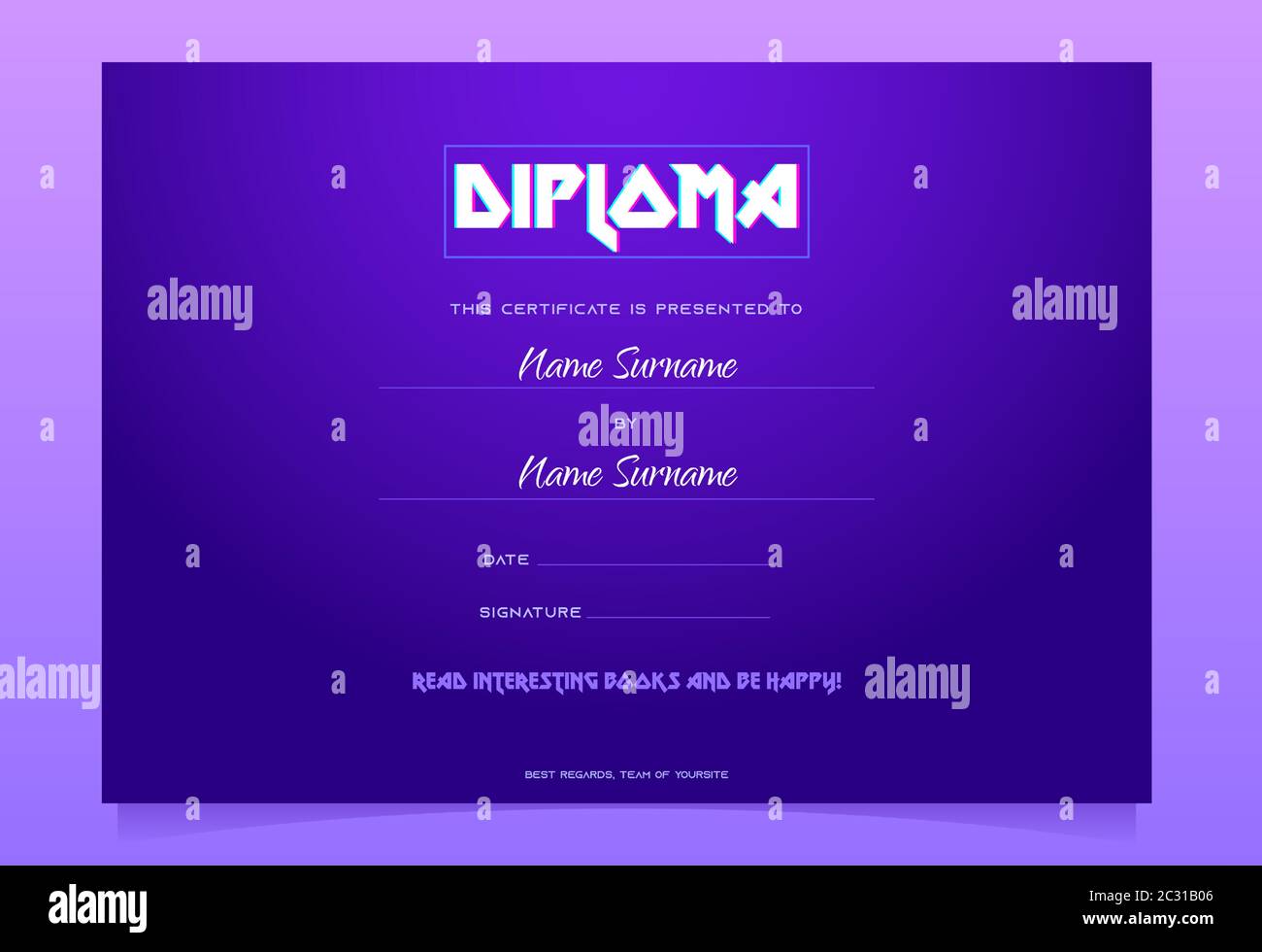 Modèle de diplôme pour enfants, certificat-cadeau de livre, décoration de bordure de remise des diplômes d'école maternelle ou maternelle avec typographie colorée sur fond violet. Cartoo Illustration de Vecteur