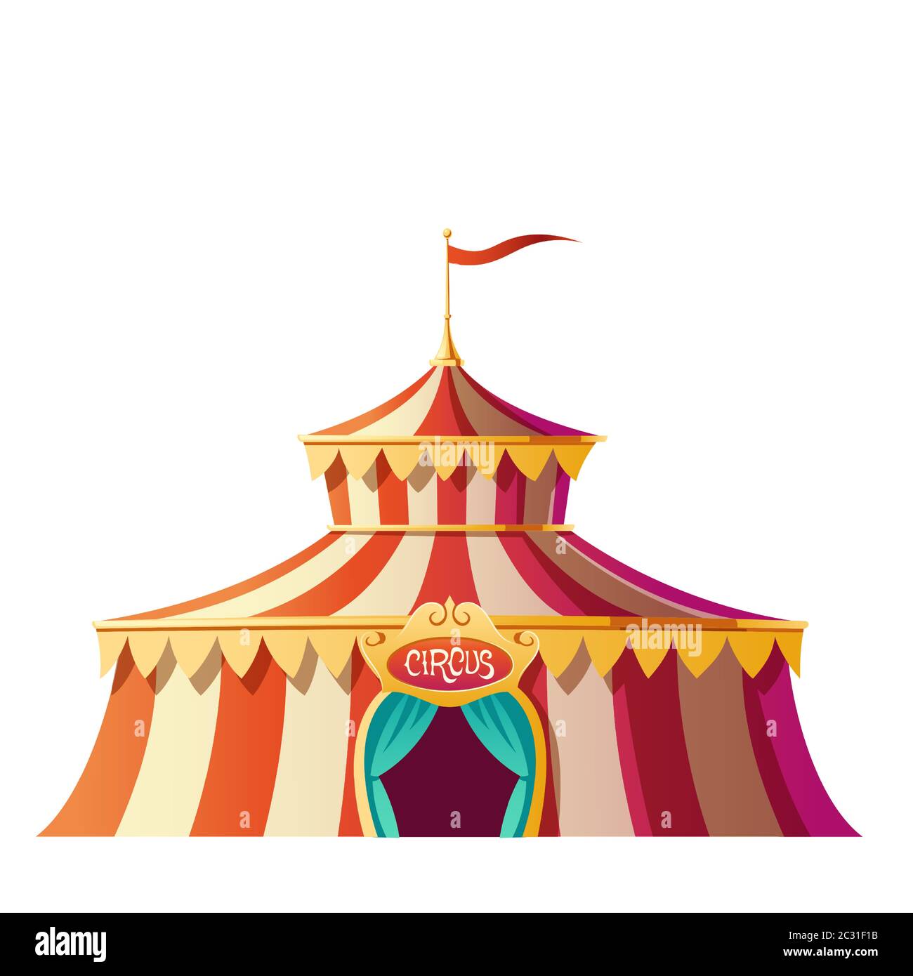 Tente De Cirque Avec Rayures Rouges Et Blanches Sur Le Parc D Attractions Du Carnaval Icone De Dessin Anime Vectoriel Du Chapiteau Du Cirque Marquise Du Festival Avec Drapeau Sur Le Dessus D Un