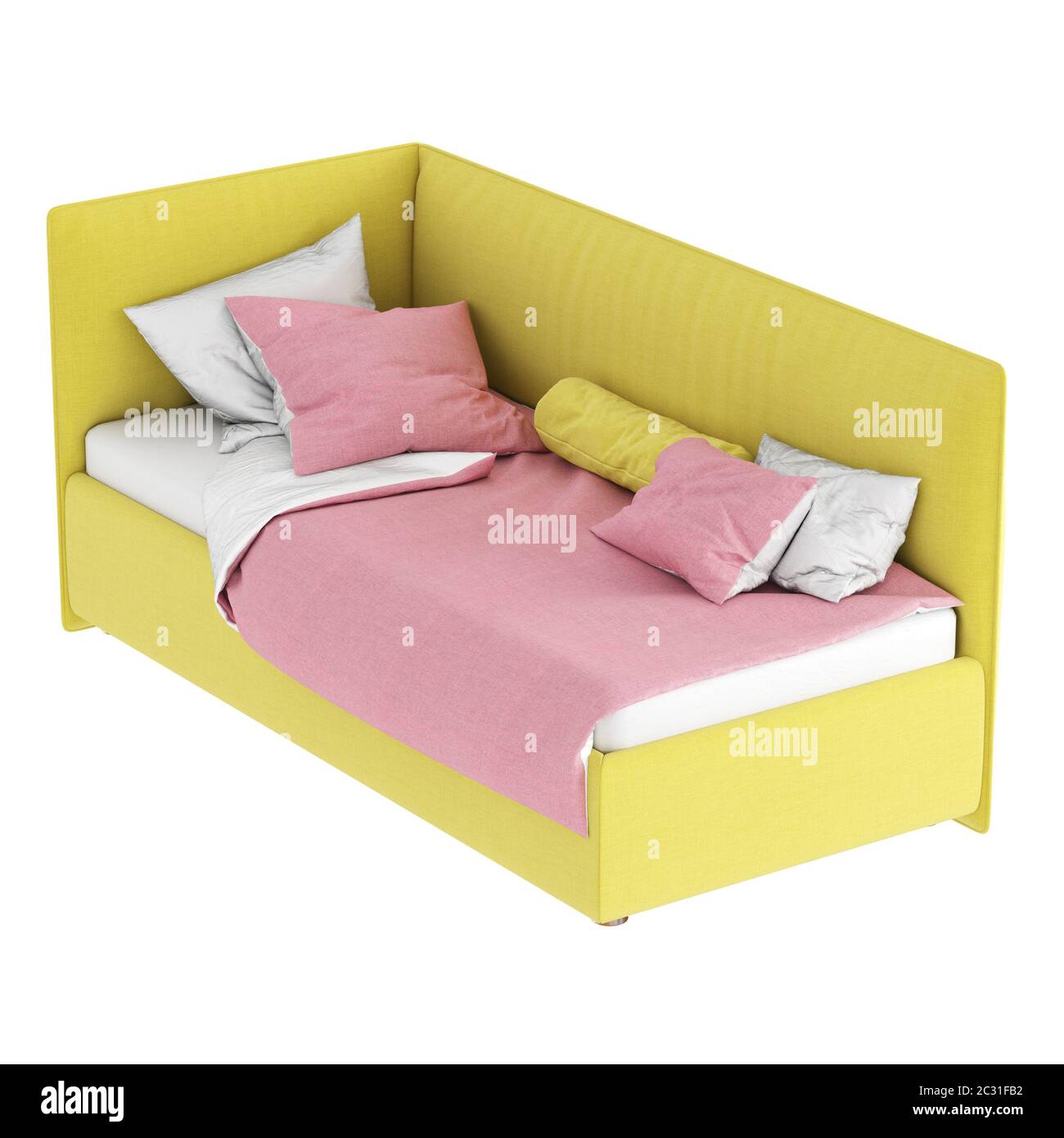 Lit pour enfants avec tissus doux jaune et linge de lit rose-blanc sur fond blanc. rendu tridimensionnel Banque D'Images