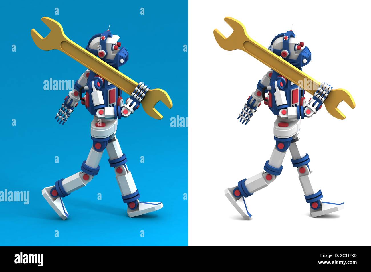 Un robot Android comme un jouet est livré avec une clé sur son épaule. Banque D'Images