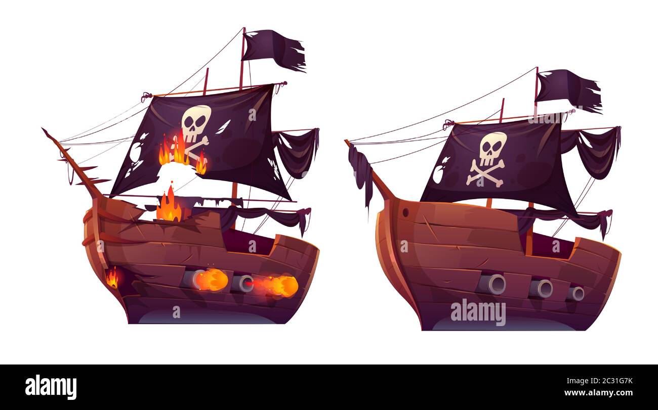 Bataille de mer de navires rétro en bois vecteur bande dessinée. Combat de galléon pirate ou attaque frégate, voilier. Corsaires avec drapeau noir, navire cassé dans le feu wi Illustration de Vecteur