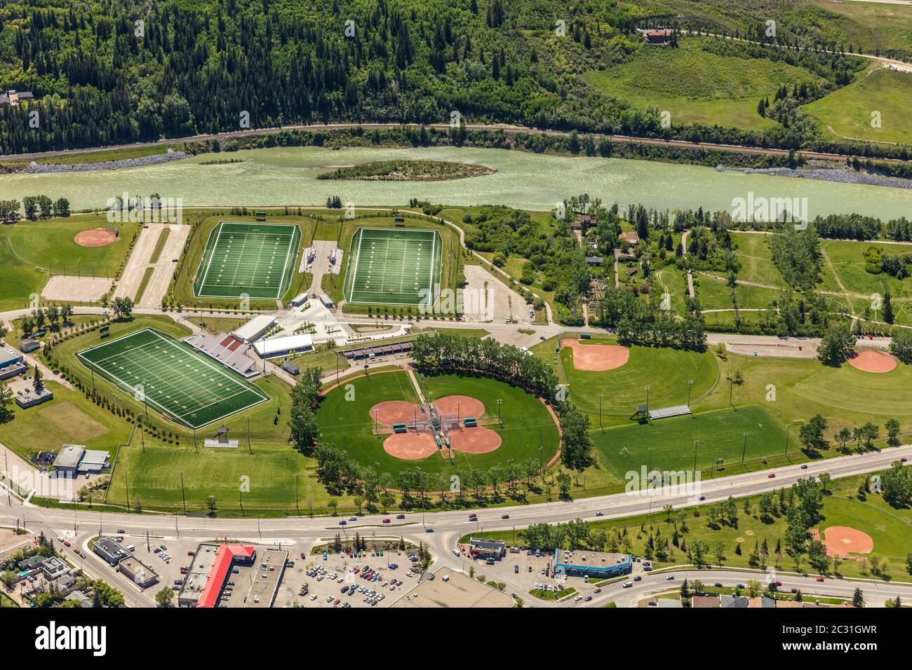 Lieux sportifs de l'ouest de Calgary, près de la rivière Bow. Banque D'Images