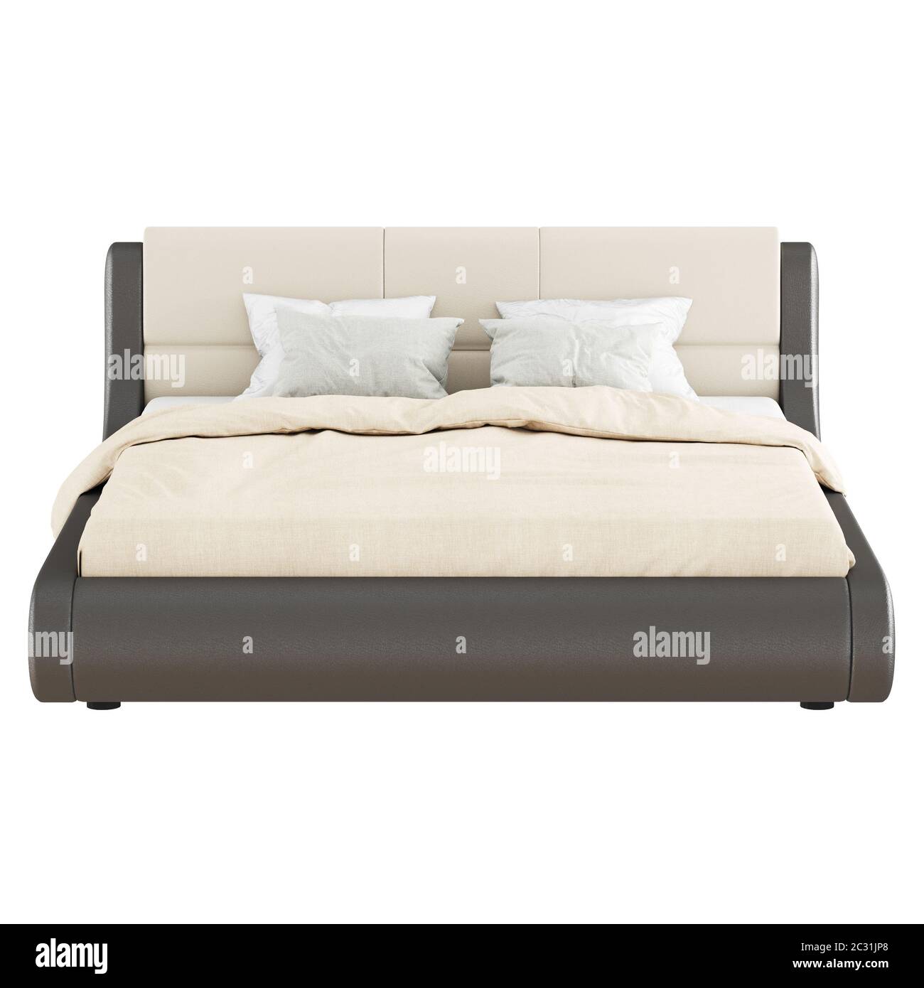 Un grand lit double marron-beige doux avec oreillers et une couverture sur fond blanc. Espace de copie de la vue avant. rendu 3d Banque D'Images