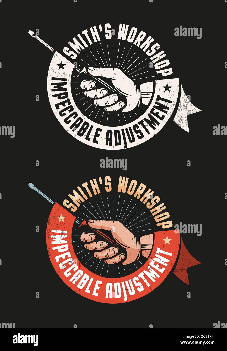 Emblème rétro de l'atelier avec un tournevis à la main Illustration de Vecteur