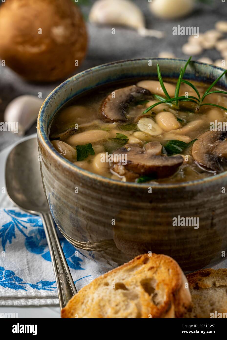 Soupe végétalienne. Champignons portobello, haricots cannellini et ail avec pain grillé. Banque D'Images