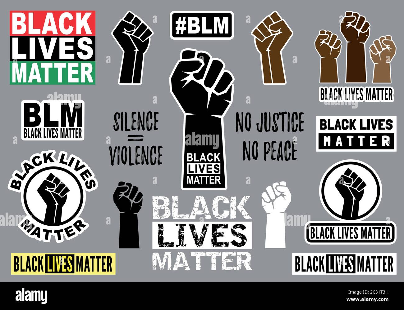 Les vies noires comptent, l'autocollant de poing, l'affiche de mains de combat, la protestation contre le racisme, ensemble d'éléments graphiques vectoriels Illustration de Vecteur