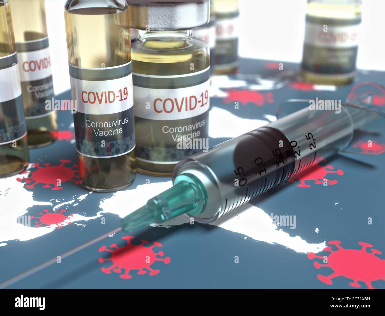 Image conceptuelle pour la découverte d'un vaccin contre le Covid-19, le coronavirus, 2019-nCoV, le SRAS-COV-2. Illustration tridimensionnelle. Banque D'Images