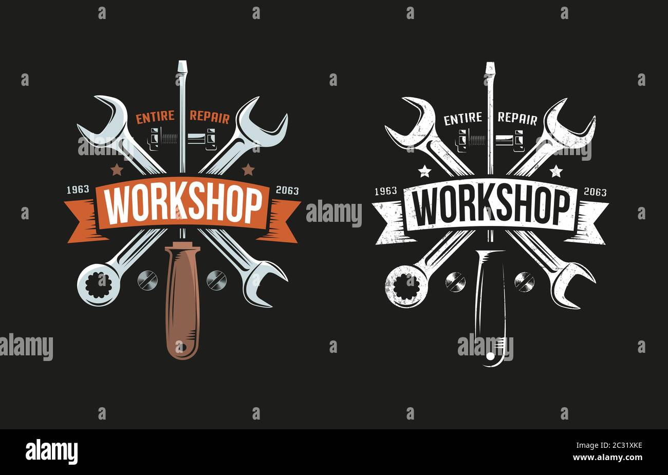 Logo rétro atelier avec clé, tournevis et ruban héraldique Illustration de Vecteur