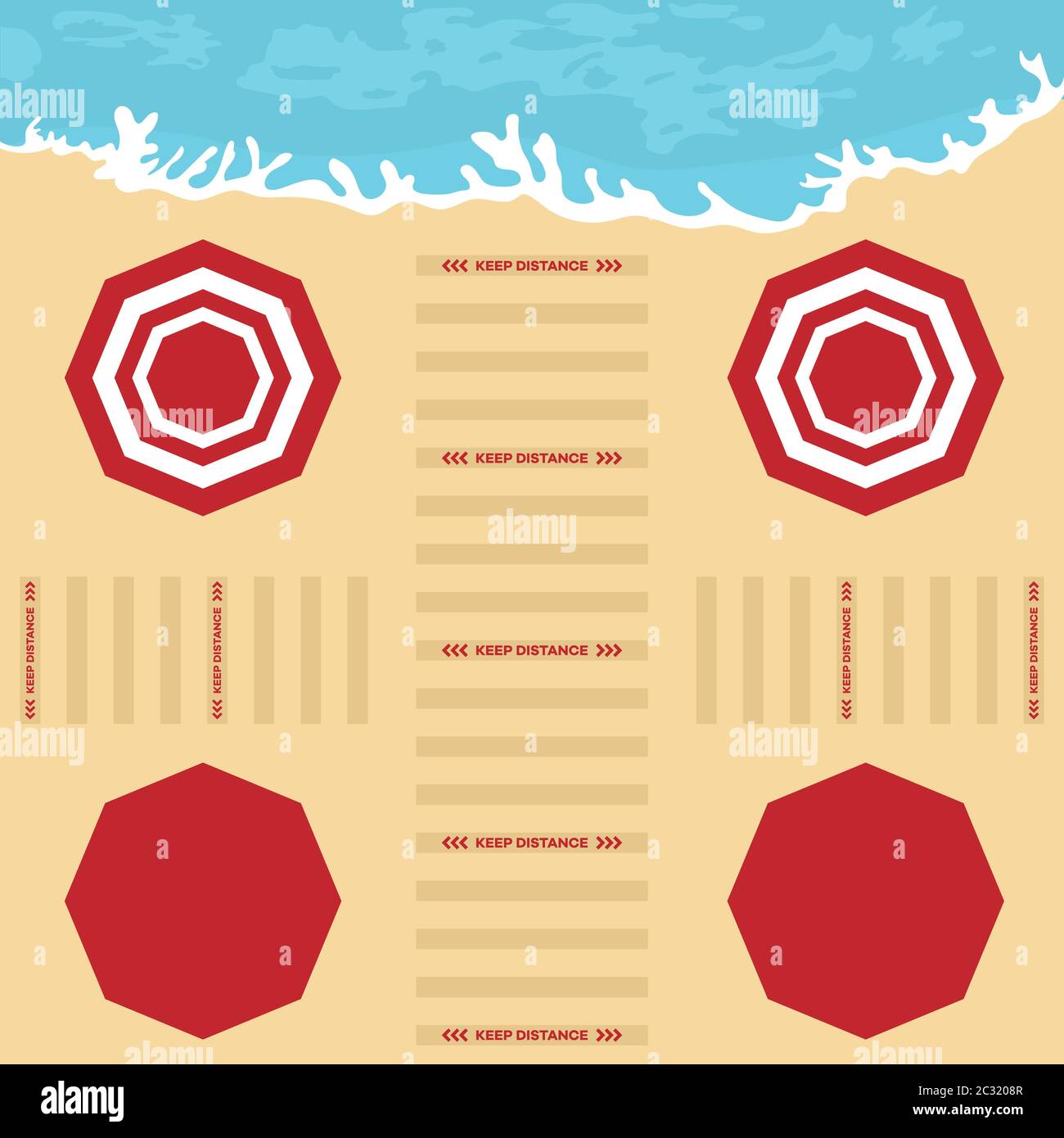 Illustration vectorielle ouverture des plages après la quarantaine de la COVID-19, pandémie du coronavirus. Parasols, lieux de détente à distance social distanciation. Somme Illustration de Vecteur