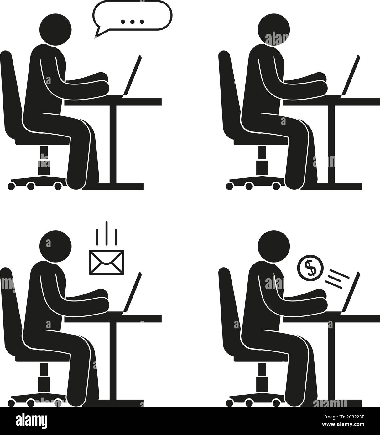 Icône des personnes assises sur une chaise de bureau au bureau avec ordinateur portable Illustration de Vecteur