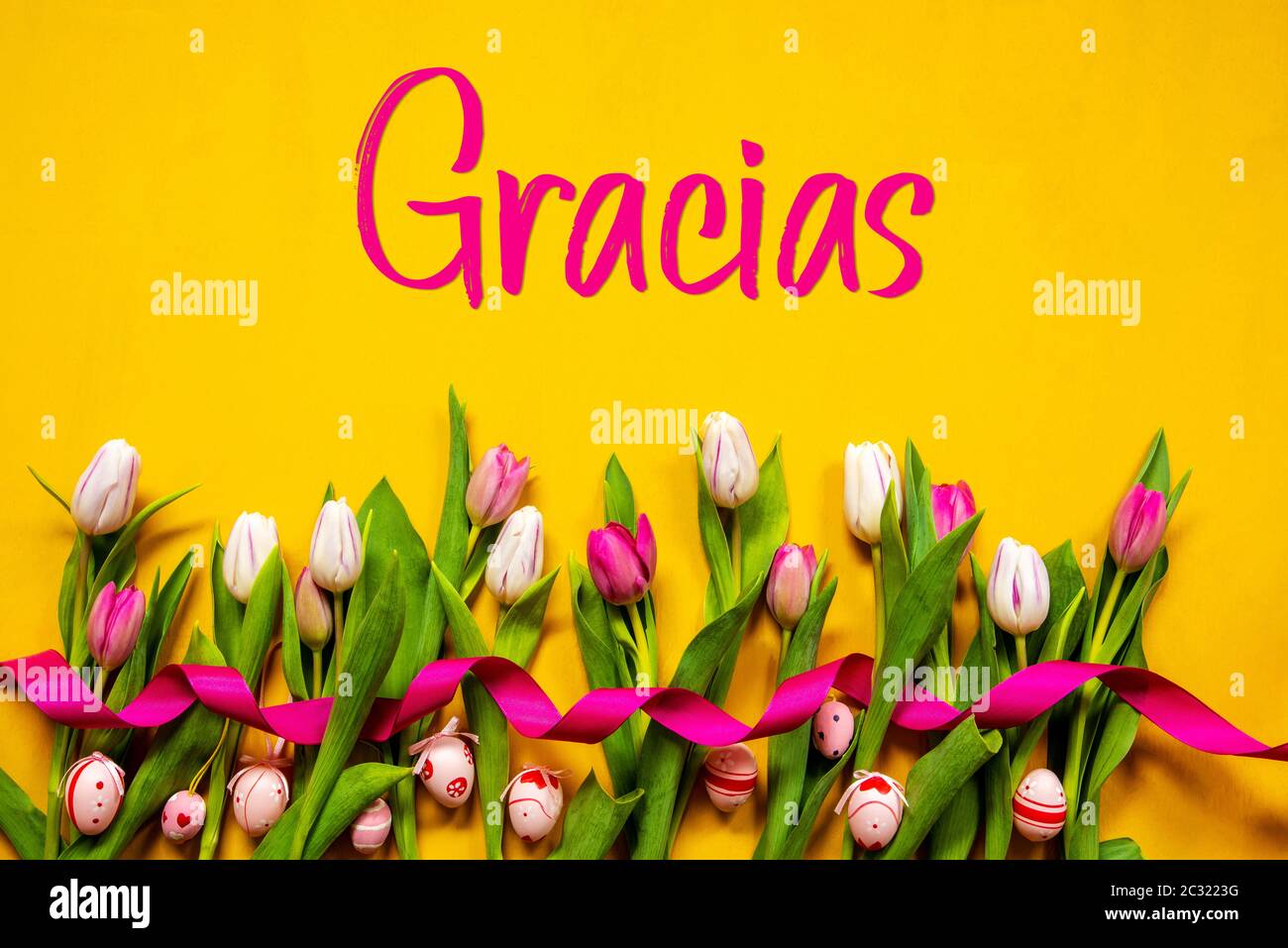 Texte espagnol Gracias signifie Merci. Fleurs de printemps de tulipe blanches et roses avec ruban et décoration d'œuf de Pâques. Fond en bois jaune Banque D'Images