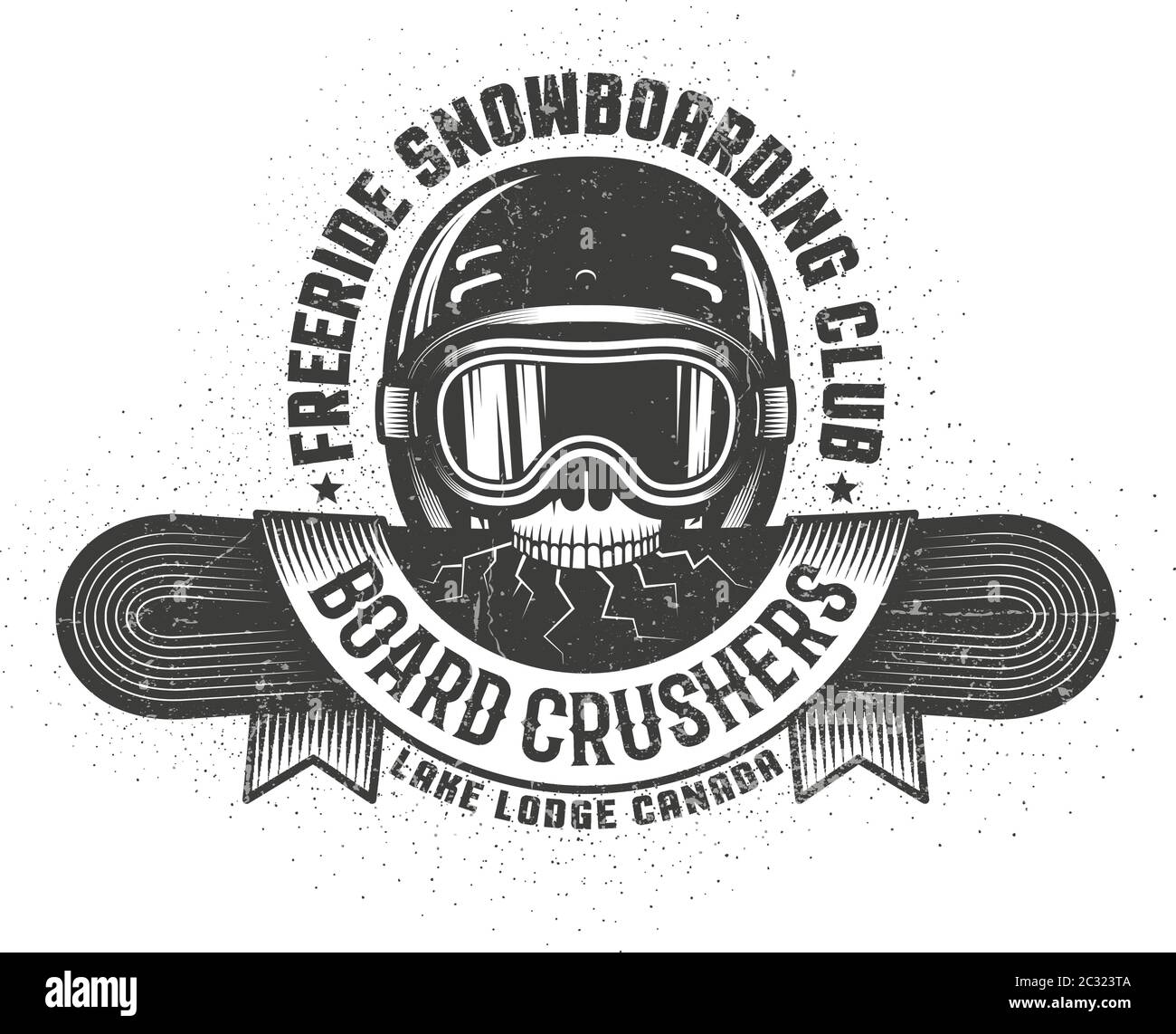 Snowboard Old School logo avec crâne tenant le snowboard fissuré Illustration de Vecteur