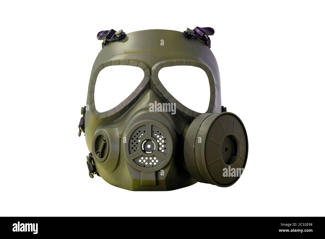 Masque à gaz militaire couvre le visage entier, isolé sur fond blanc Banque D'Images