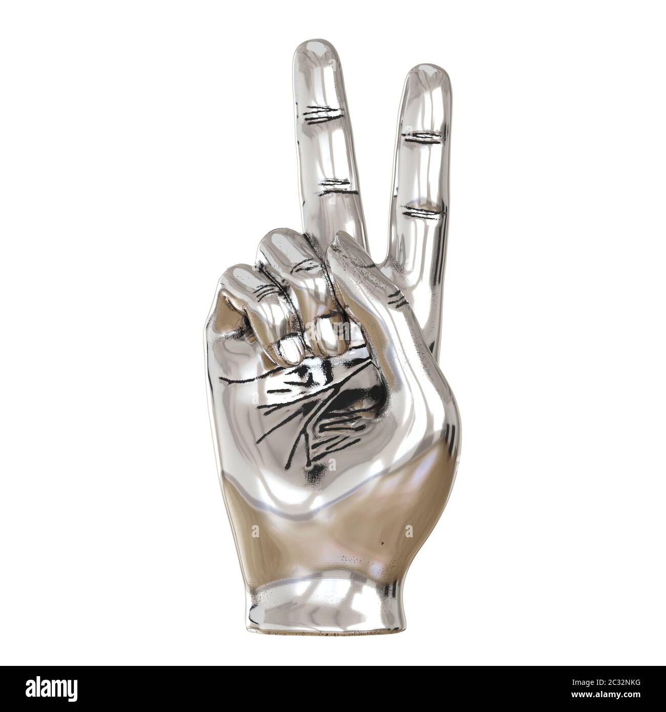 Figurine métallique d'une main avec deux doigts relevés sur un fond blanc. Vue de la fenêtre. rendu 3d Banque D'Images