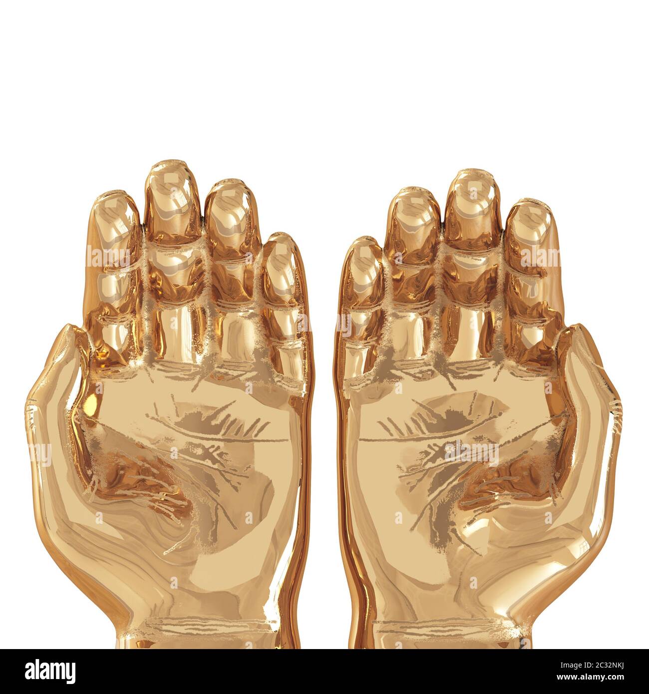 Deux mains dorées décoratives avec des doigts légèrement pliés paume vers le haut sur fond blanc. Vue de dessus. rendu 3d Banque D'Images