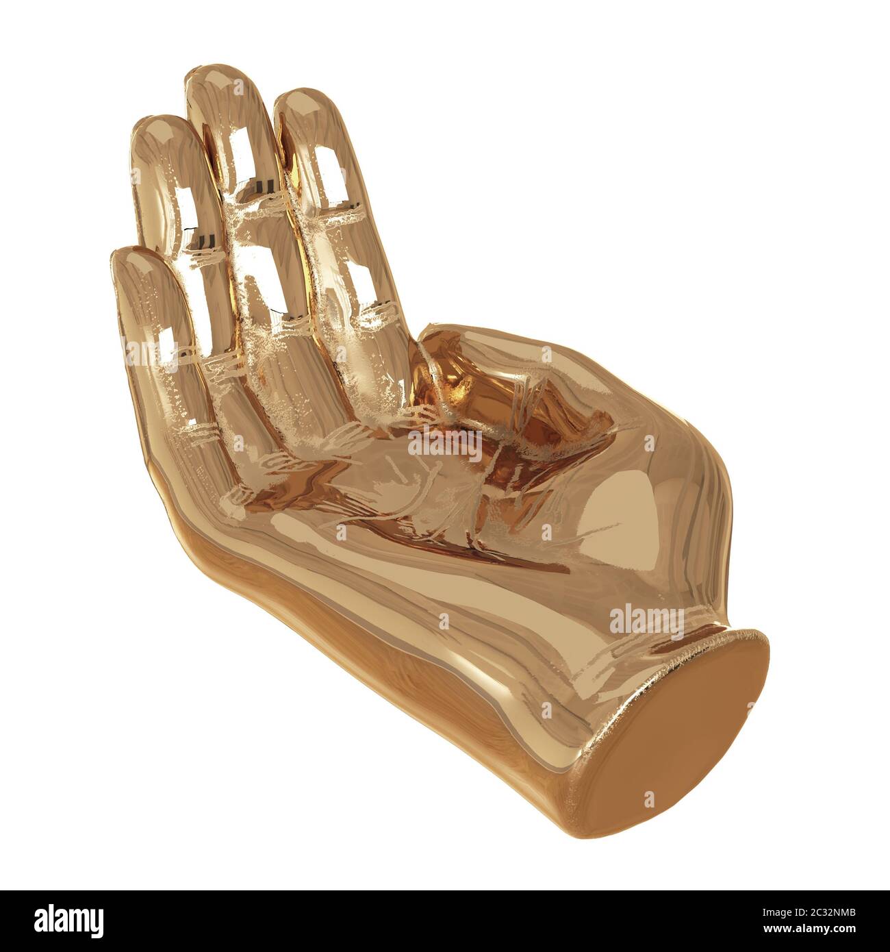 Main dorée décorative avec doigts légèrement pliés paume vers le haut sur fond blanc. rendu 3d Banque D'Images