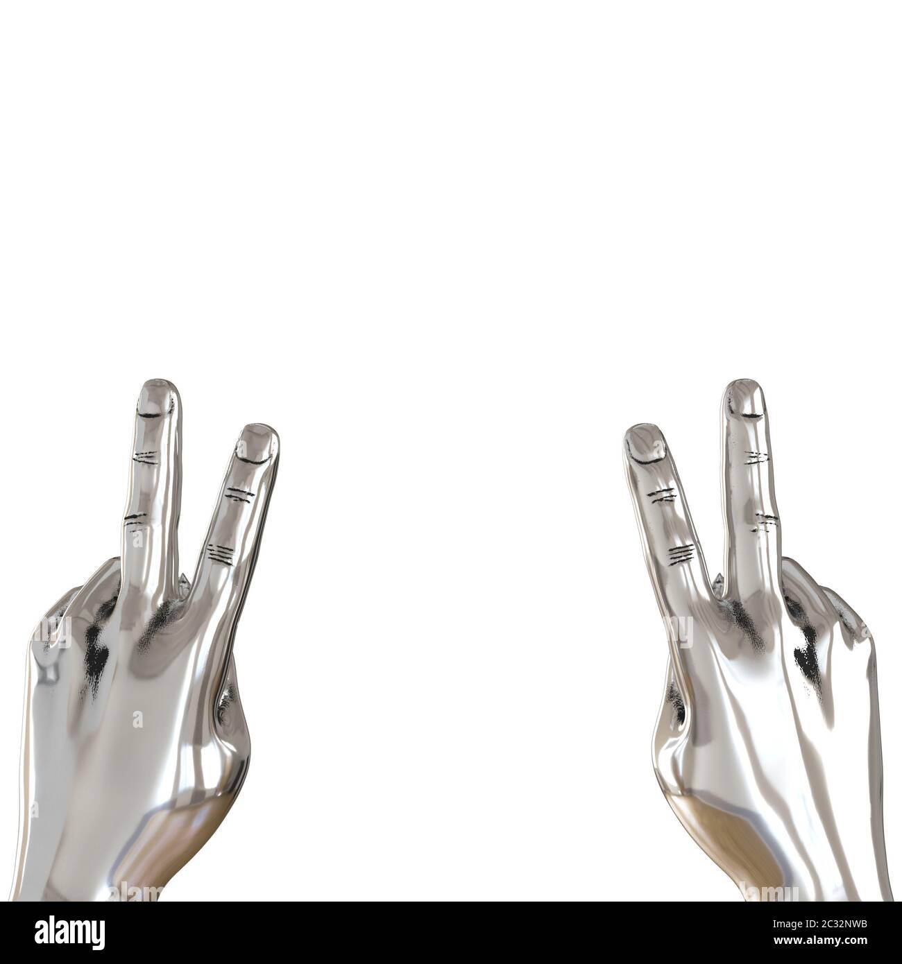 Deux mains métalliques avec deux doigts relevés sur un fond blanc. rendu 3d Banque D'Images