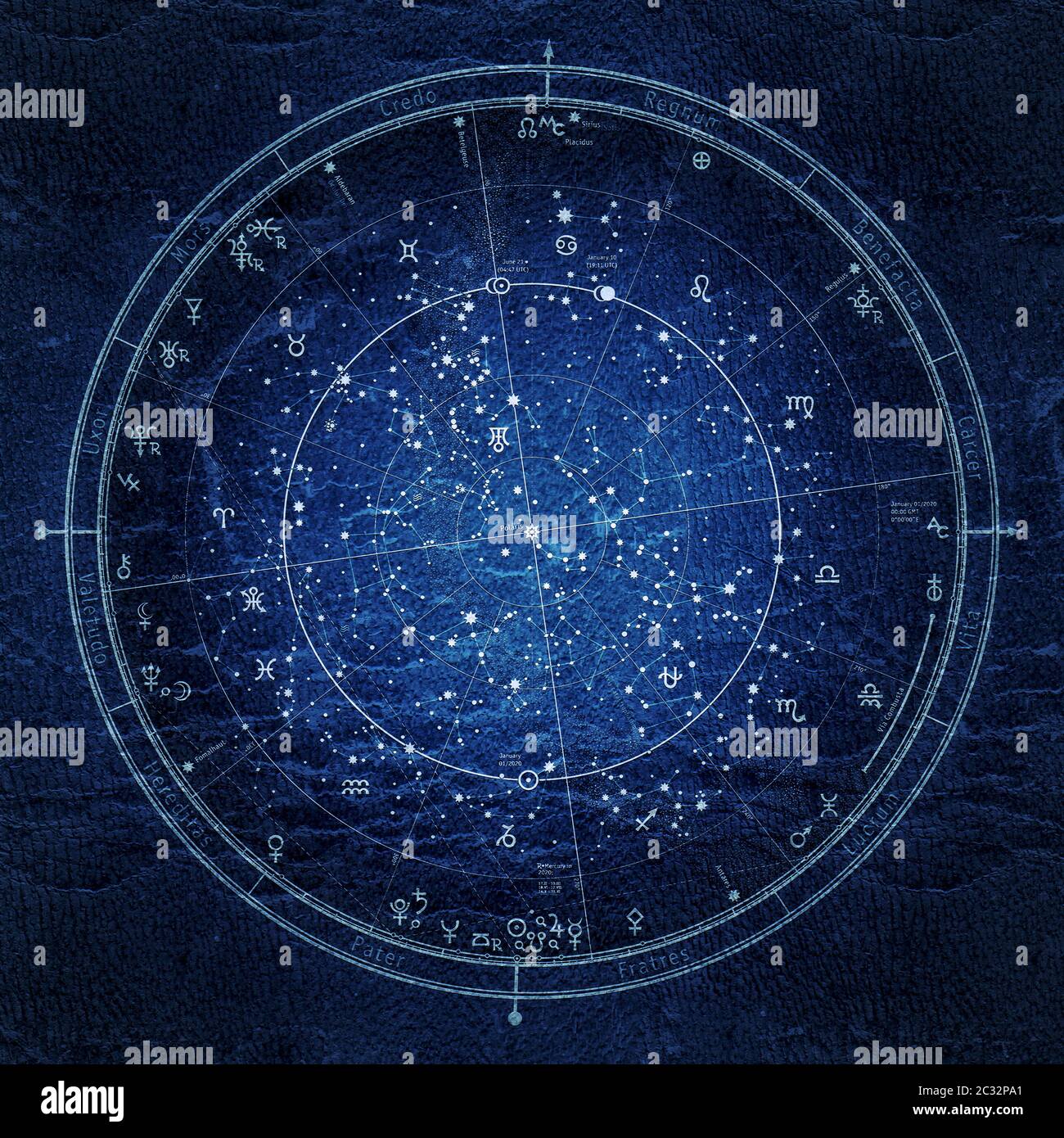 Carte astronomique astrologique de l'hémisphère Nord. L'Horoscope universel général du mois de janvier Banque D'Images