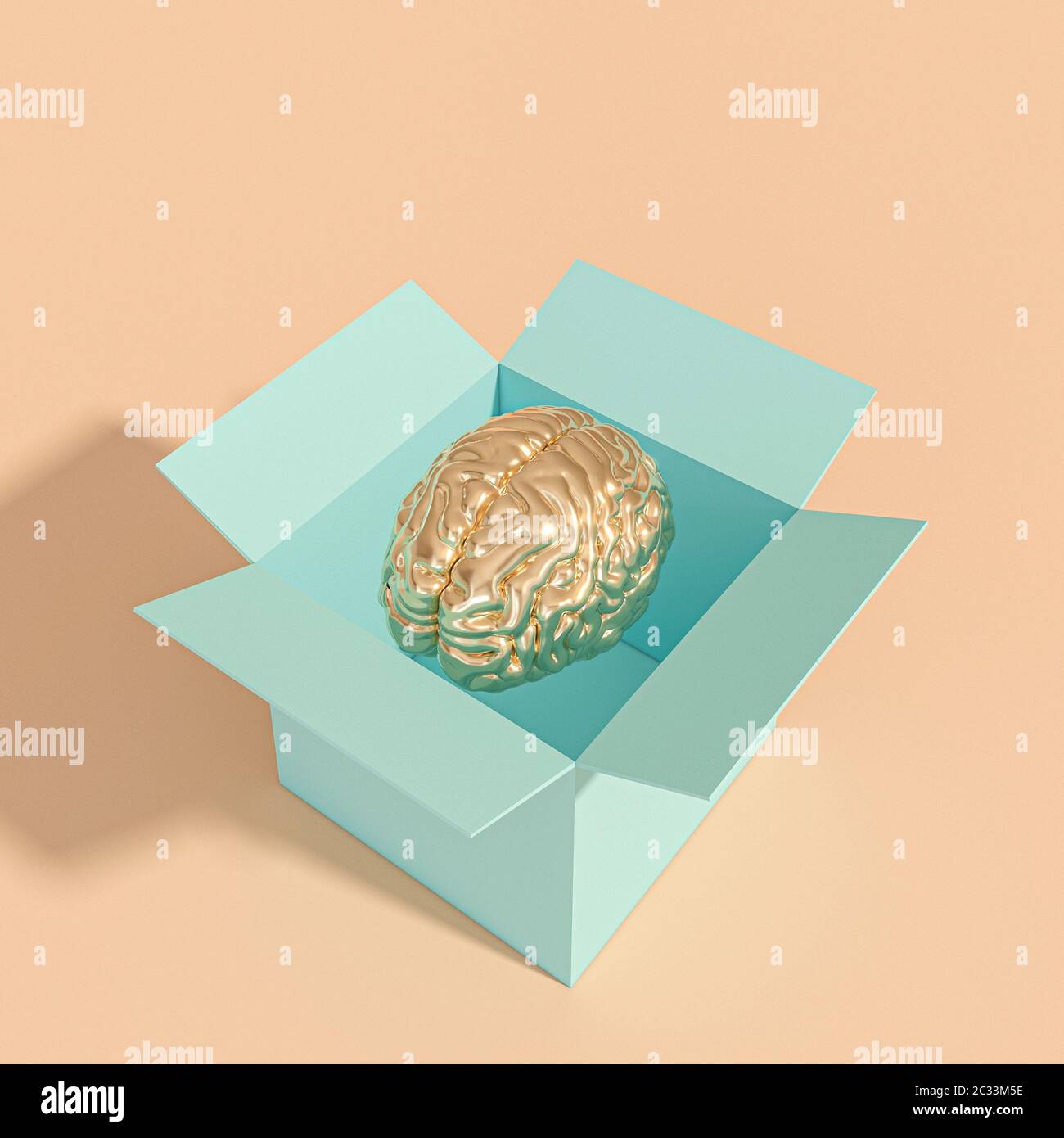 Cerveau humain d'or dans une boîte. différents, la pensée créative concept. 3D render Banque D'Images