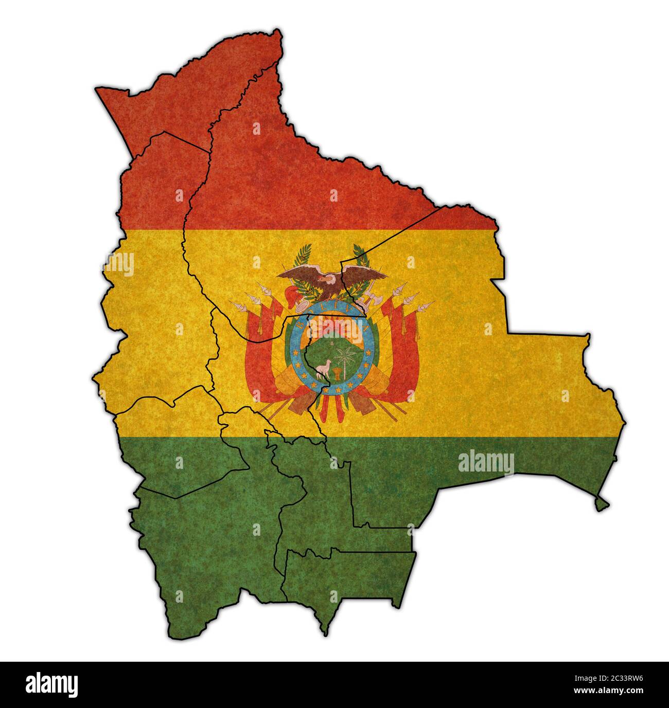 Territoires et drapeau des régions sur la carte avec divisions administratives et frontières de la Bolivie avec chemin de coupure Banque D'Images