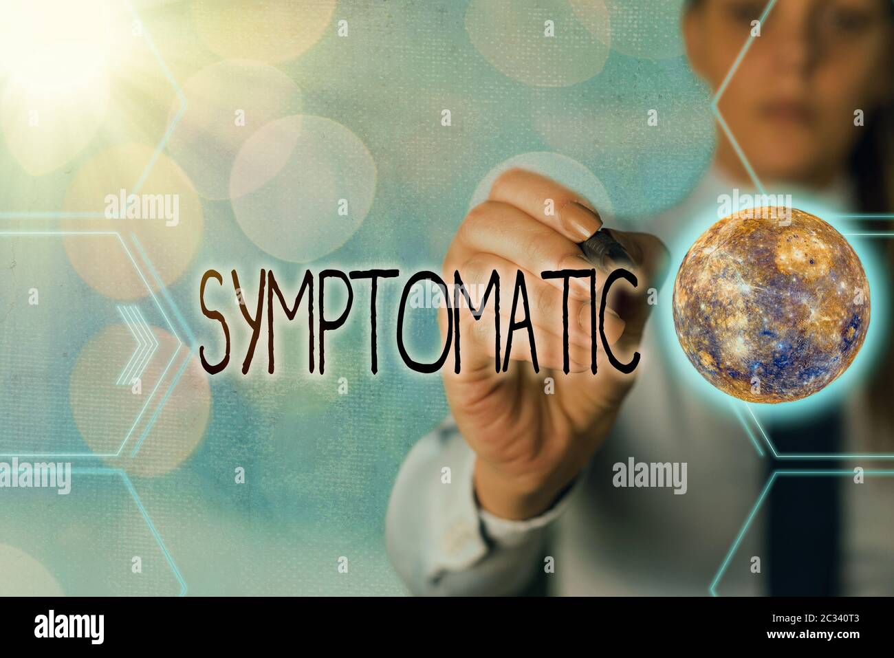 Écriture de texte symptomatique. Photo conceptuelle servant de symptôme ou de signe en particulier de quelque chose d'icônes futuristes indésirables système solaire. E Banque D'Images
