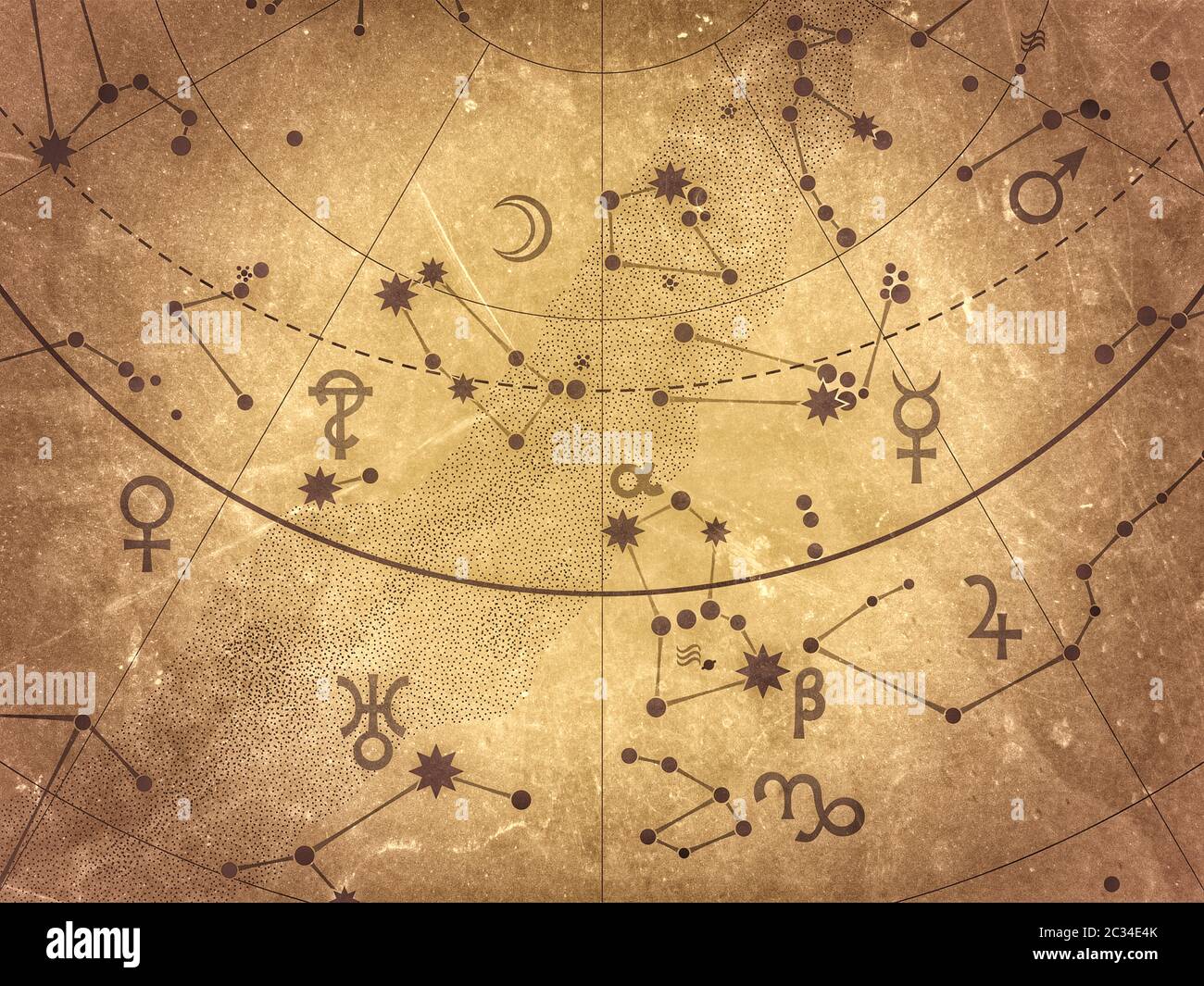 Fragment D'Atlas Astronomique Céleste : Étoiles, Planètes, Cieux. (Remake vintage de grunge alternatif: Version Selenium antique). Banque D'Images