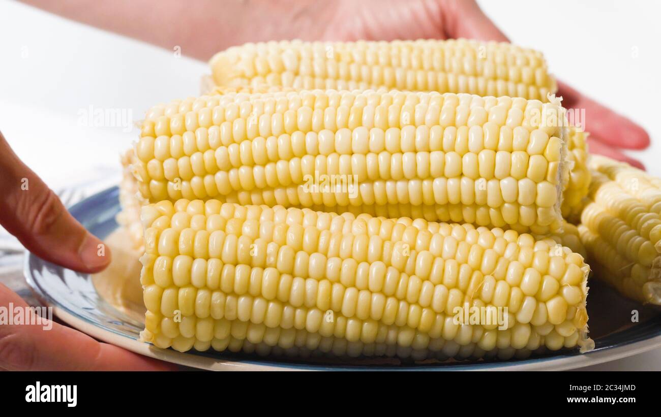 Maïs blanc. Gros plan sur une assiette de maïs blanc bouilli sur fond blanc  Photo Stock - Alamy