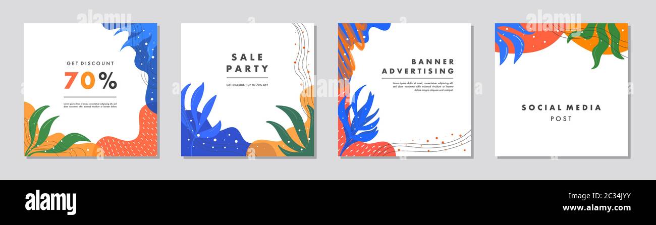 Modèle de bannière carrée pour les publications sur les réseaux sociaux, les applications mobiles, la conception de bannières, les publicités Web ou Internet. Modèle carré abstrait tendance avec motif de co coloré Illustration de Vecteur