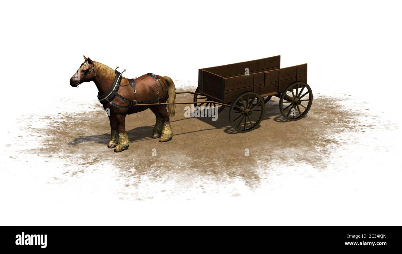 ferme cheval avec chariot sur une zone de sable Banque D'Images