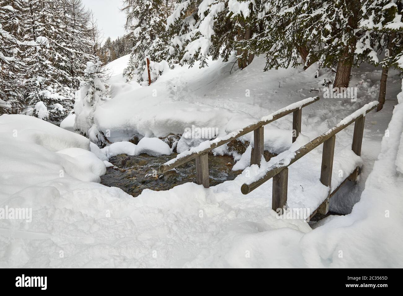 Sentier de randonnée en montagne enneigé avec pont sur un détroit, neige profonde Banque D'Images