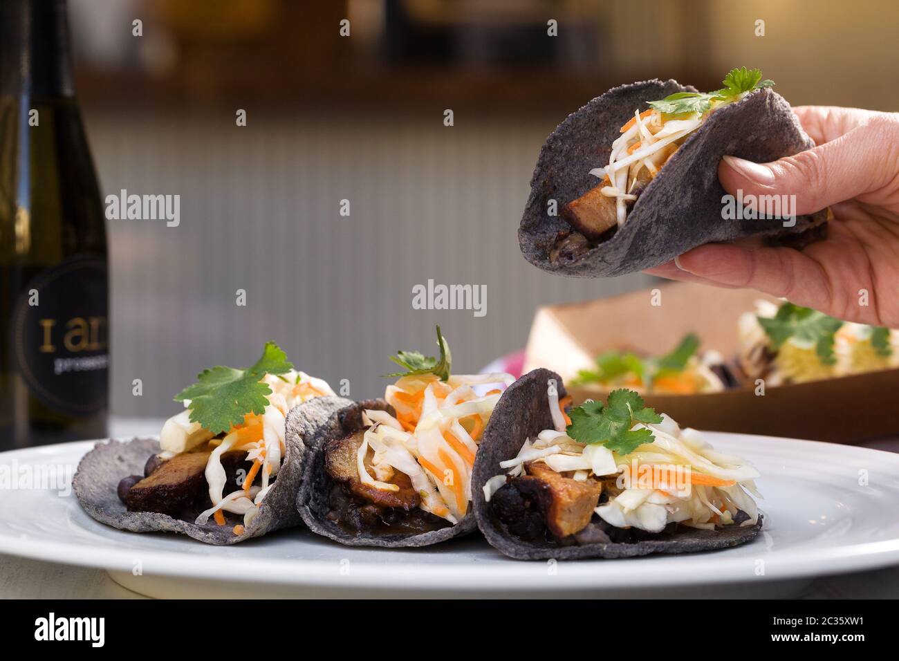 Carne asada cuisine de rue mexicaine tacos avec viande marinée, coriandre, oignon et légumes sur la plaque blanche. Banque D'Images