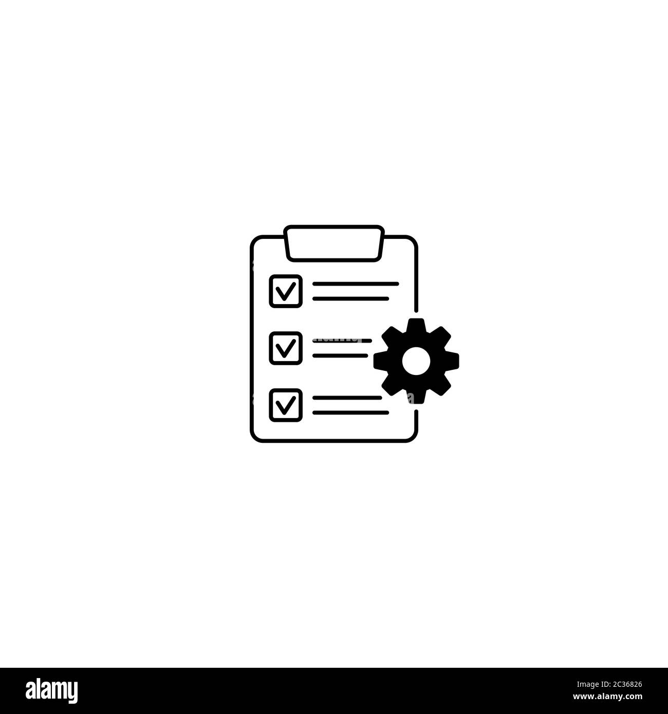 Presse-papiers avec icône d'engrenage isolé. Icône de liste de contrôle du support technique. Concept d'icône plate de gestion. Développement de logiciels. Illustration de Vecteur