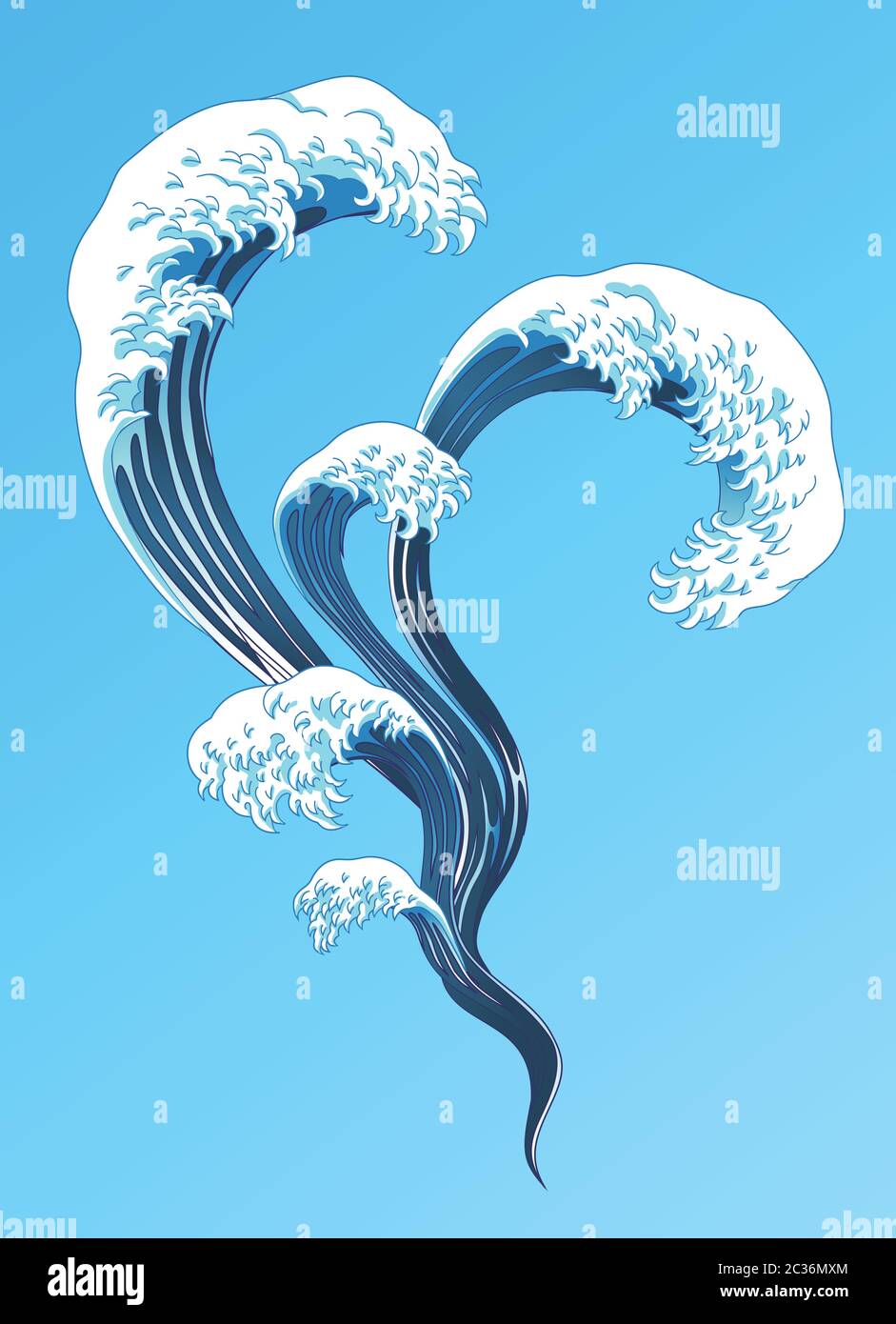 Des éléments d'ondes éclaboussant de style Ukiyo-e sur fond bleu Illustration de Vecteur