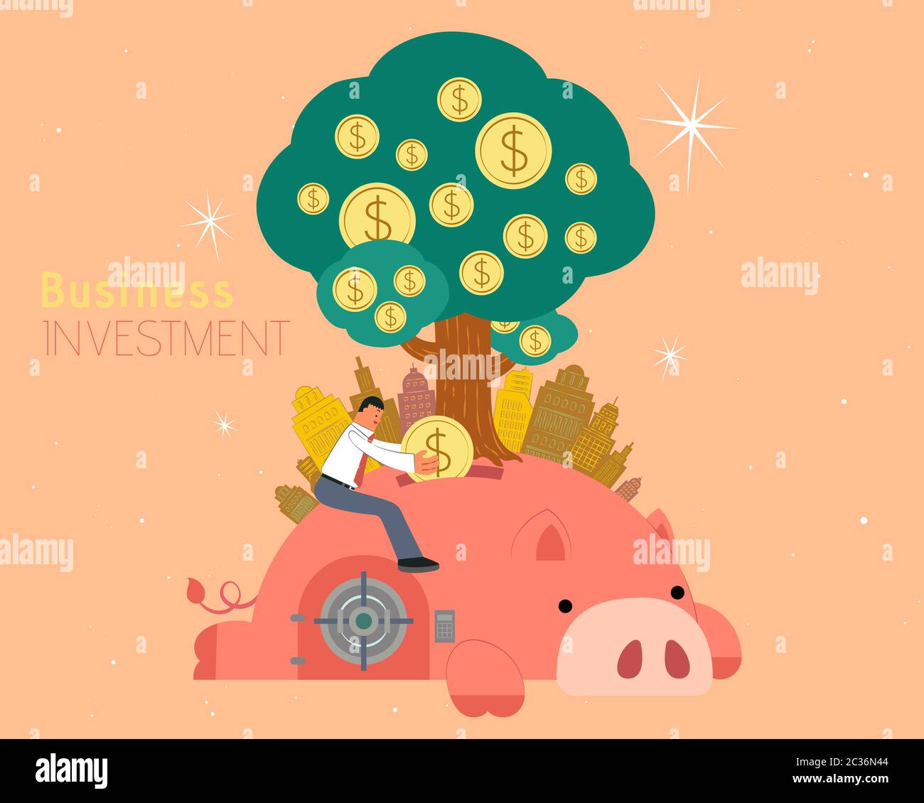 Homme d'affaires mettant une pièce dans la banque de piggy qui signifie le concept d'investissement, l'arbre d'argent et la ville sur le cochon de lovey Illustration de Vecteur