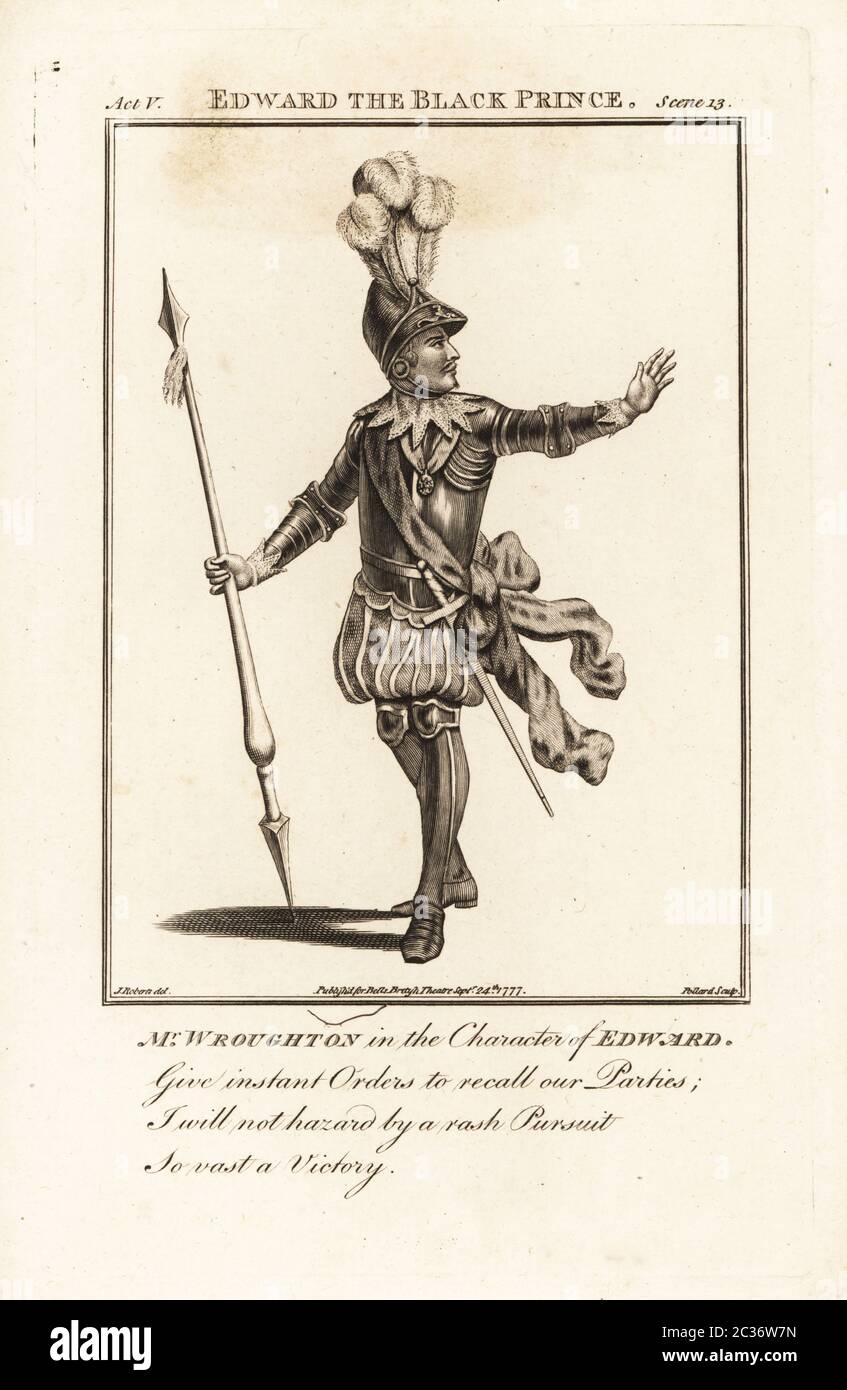 M. Richard Broughton dans le personnage d’Edward dans Edward The Black Prince de William Shirley. Il a joué le rôle au Covent Garden Theatre en 1778. Broughton était un acteur anglais, 1748–1822. Gravure sur plaque de coperplate d’après une illustration de James Roberts du Théâtre britannique de Bell, composé des pièces les plus appréciées, John Bell, Londres, 1777. Banque D'Images