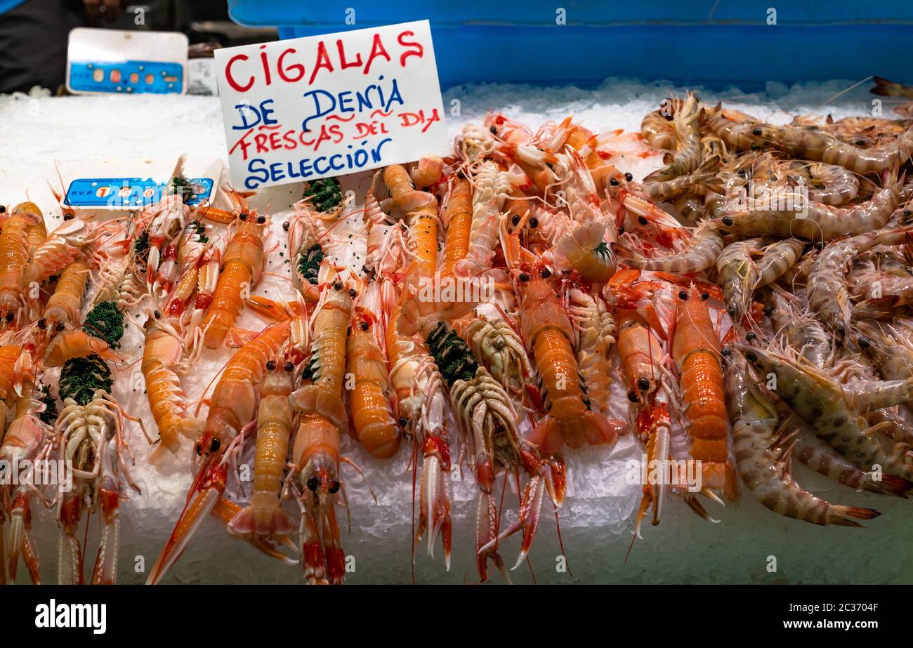 Crevettes fraîches et langoustines sur un marché aux poissons Banque D'Images