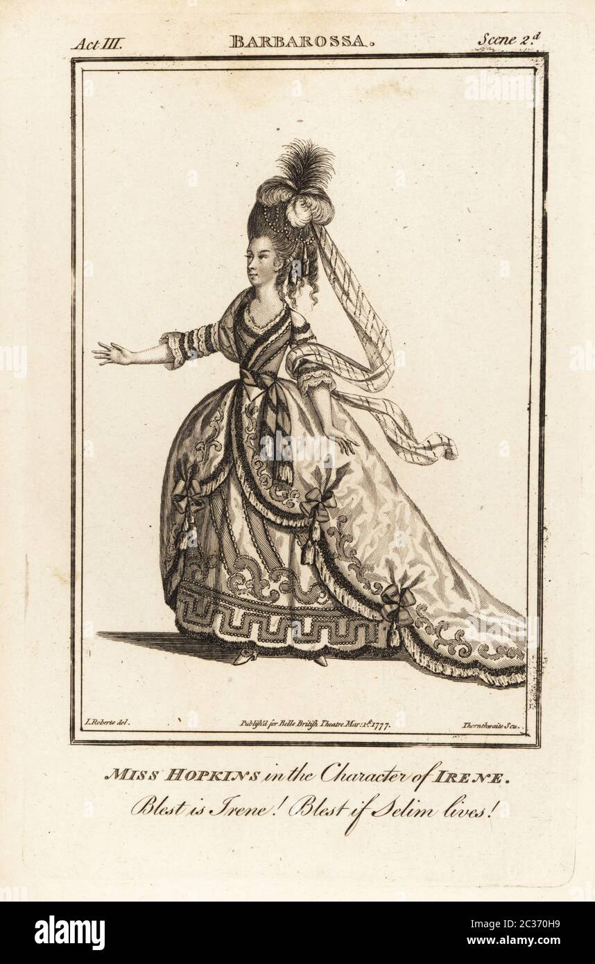 Mme Elizabeth Hopkins dans le caractère d'Irene dans la Barbarossa de John  Brown. Cependant, elle n'a pas joué le rôle à Londres, sa mère l'a joué en  1761. Mme Michael Sharp, 1756-1801,