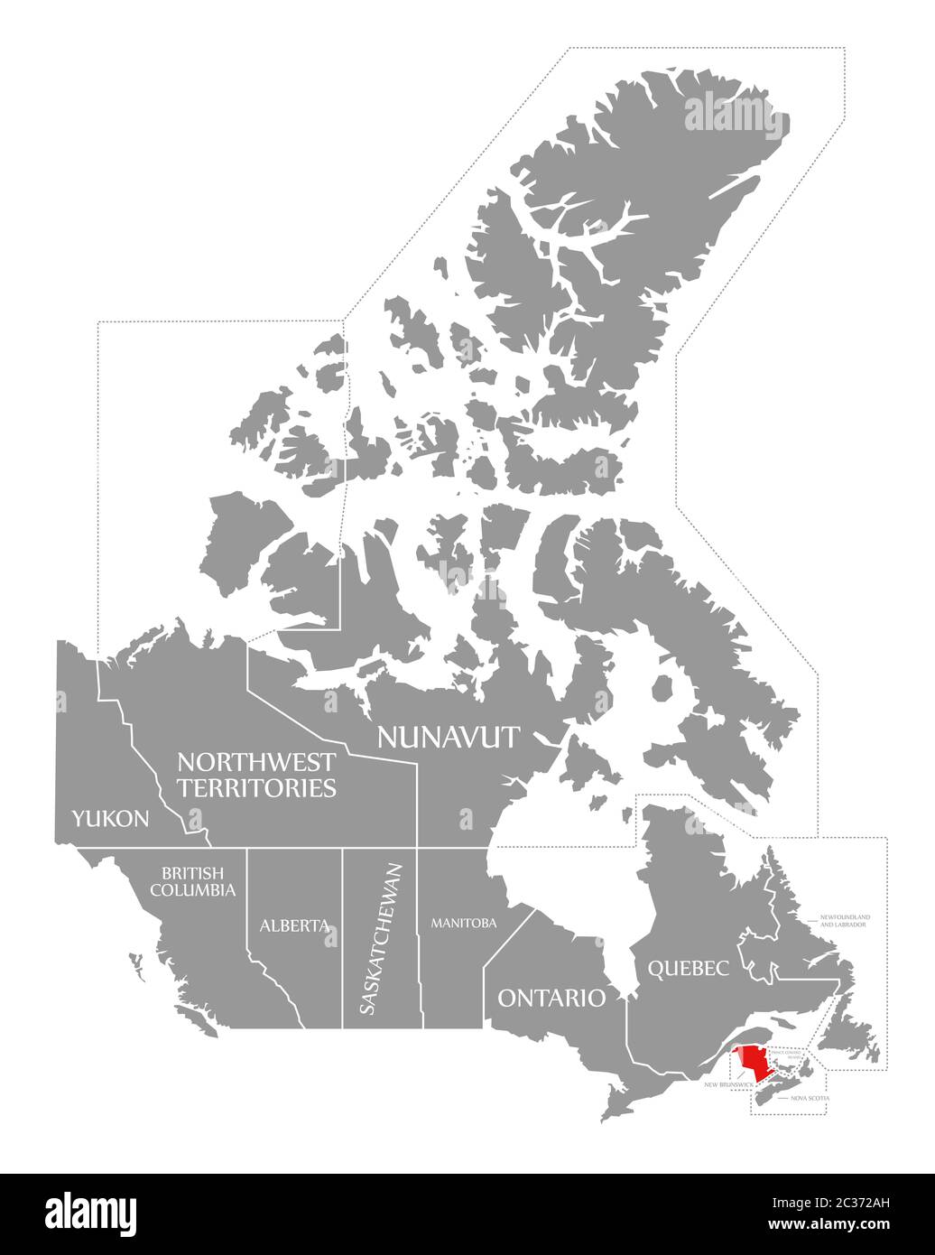 Le Nouveau-Brunswick a mis en évidence en rouge carte du Canada Banque D'Images