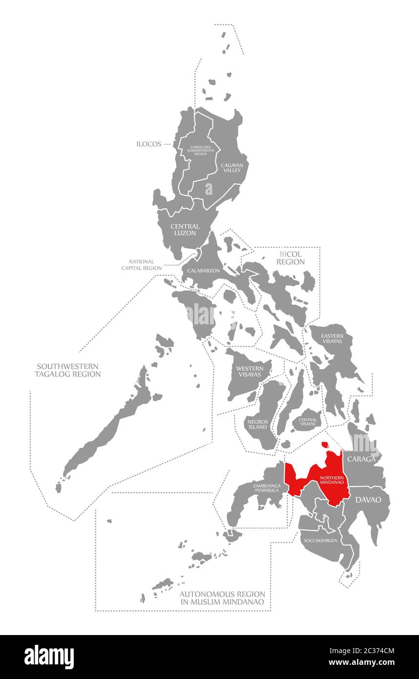 Le nord de Mindanao en surbrillance rouge dans la carte des Philippines Banque D'Images