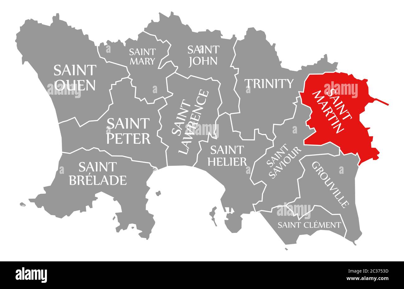 Saint Martin en surbrillance rouge dans la carte de Jersey Banque D'Images