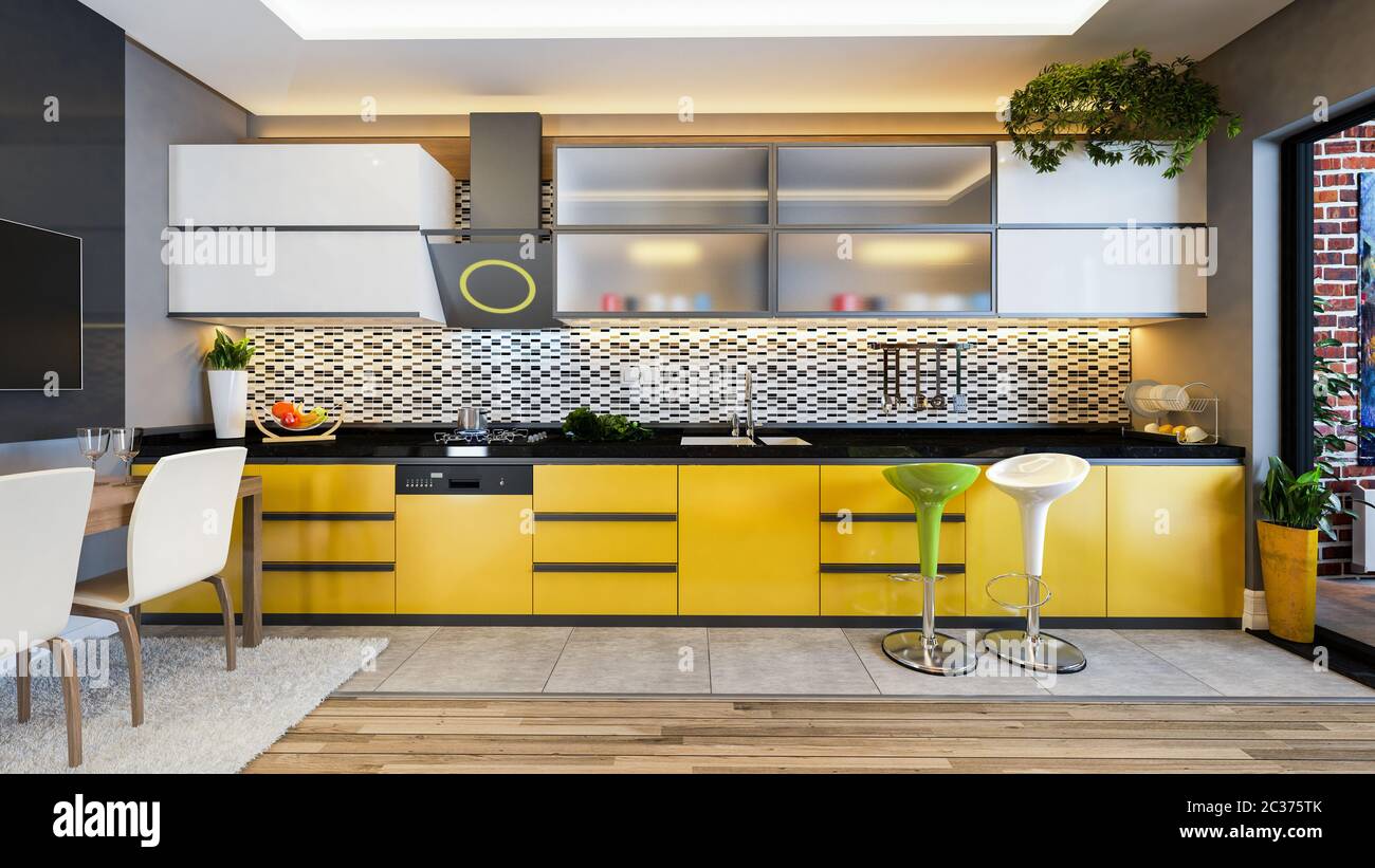 Couleur jaune noir blanc design cuisine en céramique avec des fruits frais et de rendu 3D machines de cuisine Banque D'Images