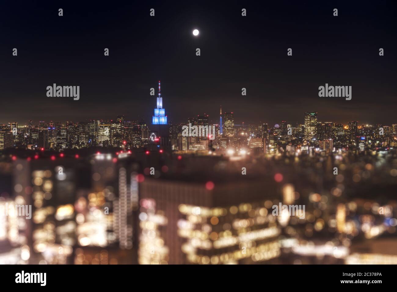 Vue panoramique nocturne depuis le Tokyo Metropolitan Government Building, le soir d'une pleine lune. Banque D'Images