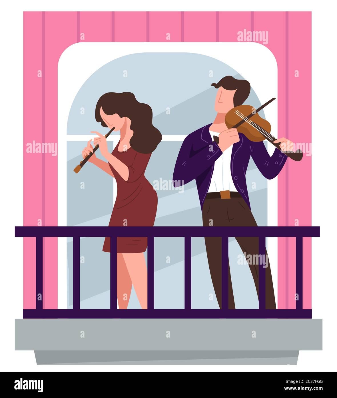 Musiciens jouant des violons sur le balcon, concert de violinistes en quarantaine Illustration de Vecteur
